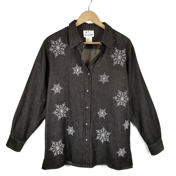 Quacker Factory Black Chambray Snowflake Button Up Shirt Size L Large - Picture 1 of 7